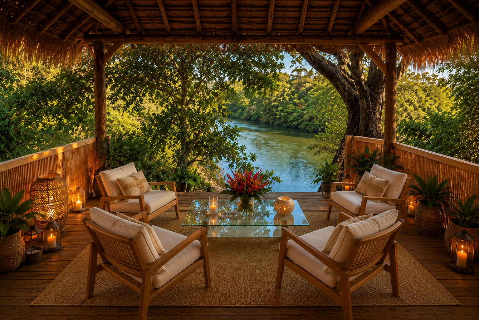 Une terrasse en bois avec des fauteuils en bois et des coussins blancs, décorée avec des lanternes et des bougies, offrant une vue sur une rivière entourée de verdure, sous un toit en feuilles de paille.