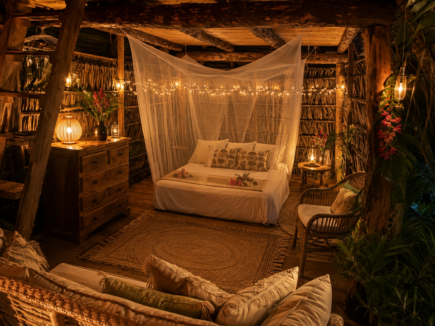 Interior acogedor de una cabaña en Refugio del Río, Santa Fe, Veraguas, Panamá