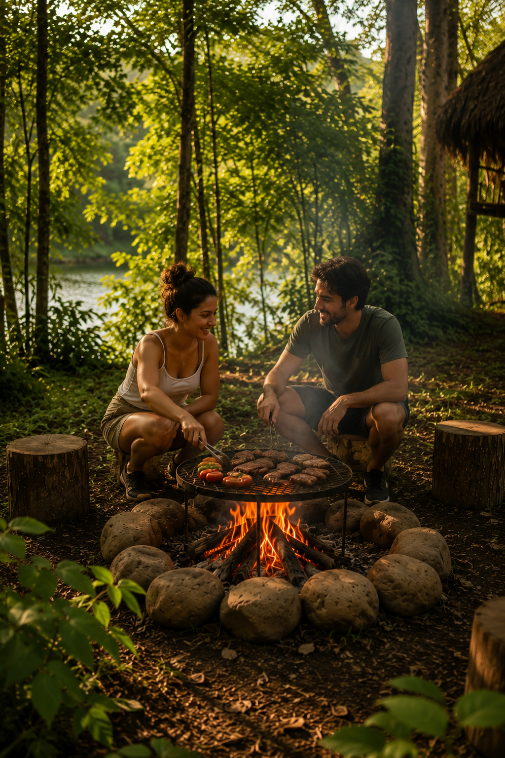 Un couple qui fait un barbecue en forêt