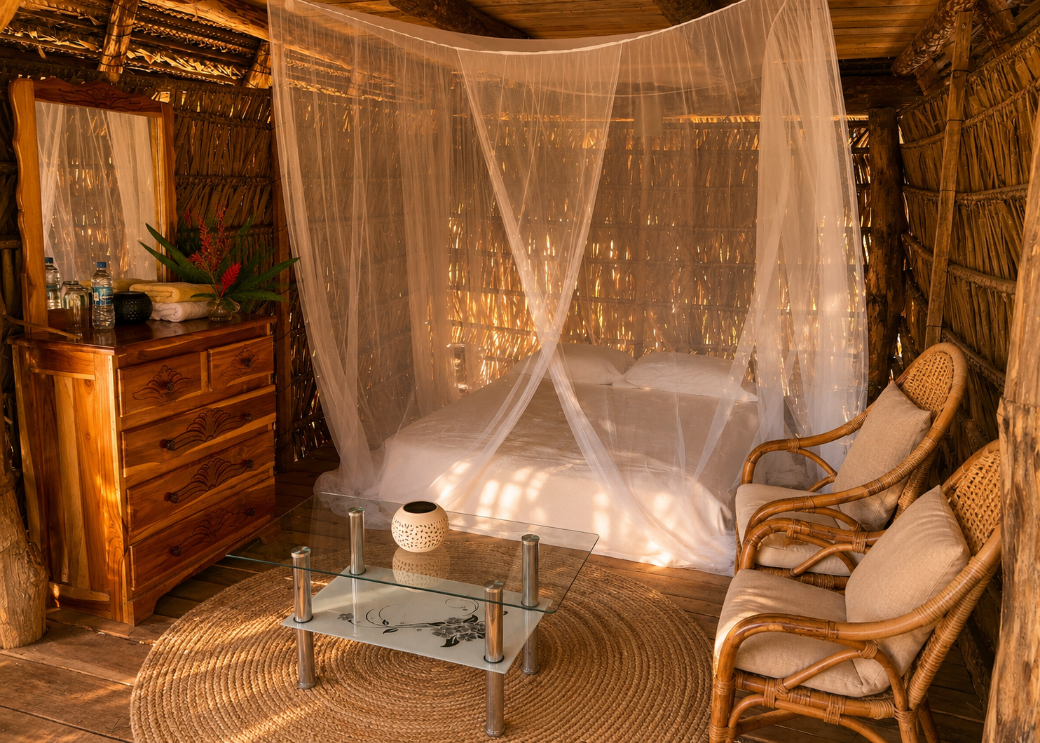 Chambre avec lit double à baldaquin, entourée d'un cadre en bois fin, avec un mobilier en bois, un canapé en rotin, un tapis en rotin, et des murs en bois, ambiance chaleureuse et naturelle.