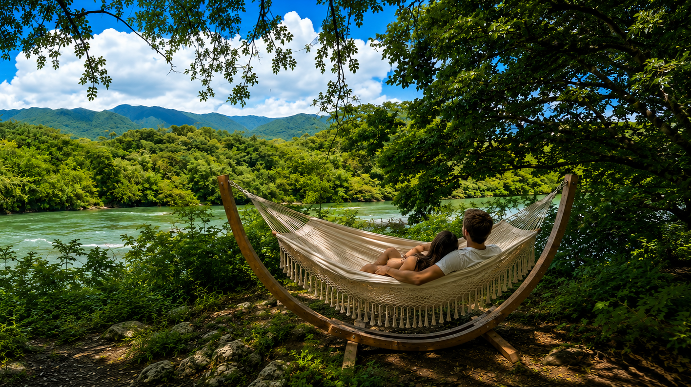Un couple allongé dans un hamac suspendu entre deux arbres, au bord d'une rivière entourée de forêt et de montagnes sous un ciel partiellement nuageux.