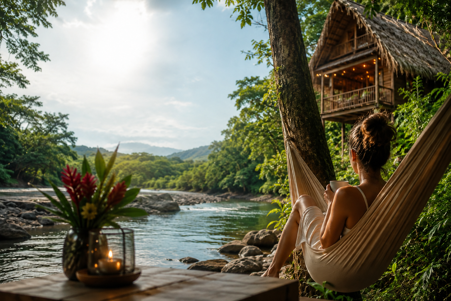 Une femme assise dans un hamac en utilisant une tasse, regardant une rivière entourée de végétation dense, avec une maisonnette en bois surélevée dans les arbres à l'arrière.