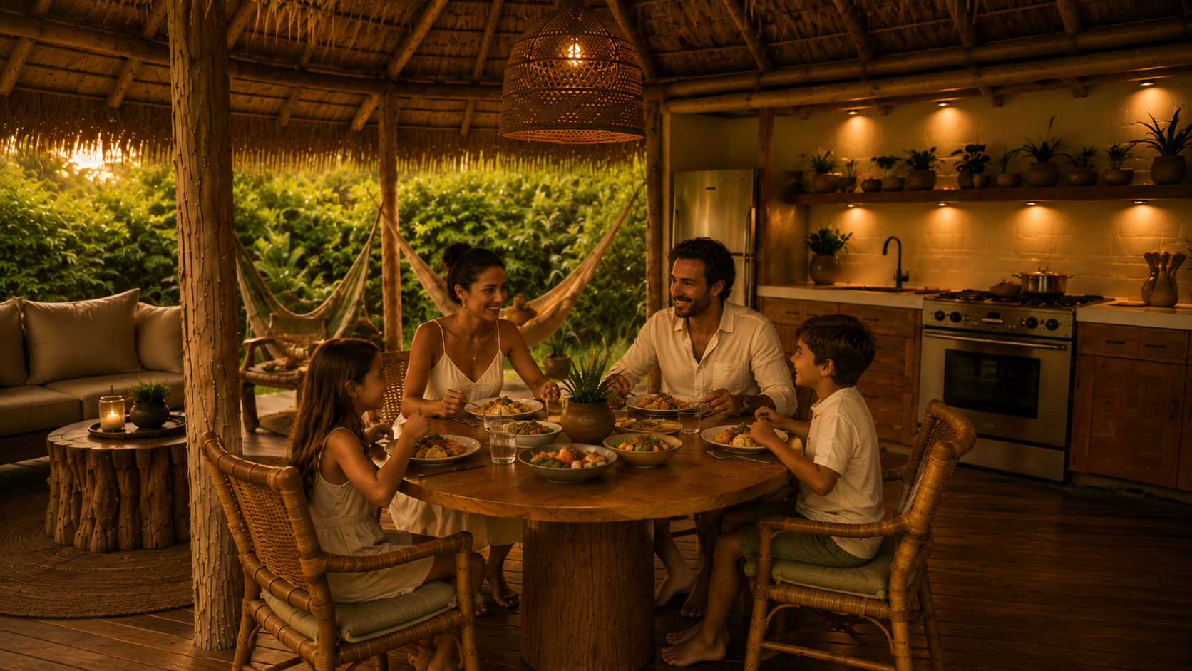 Une famille de cinq personnes mangeant un repas dans une cuisine rustique ouverte, avec un décor naturel en bois et une vue sur un jardin vert, ambiance chaleureuse et intime.