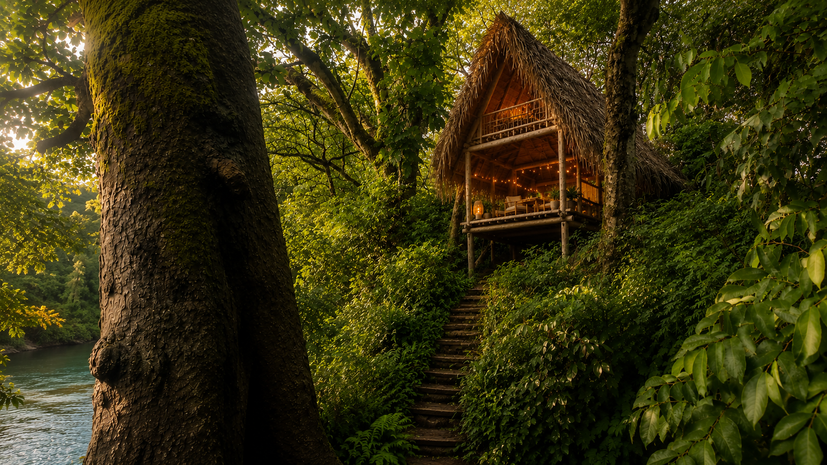 Cabane en bois avec un toit de chaume, située dans la forêt, éclairée de guirlandes lumineuses, avec un escalier menant à une terrasse au milieu des arbres.