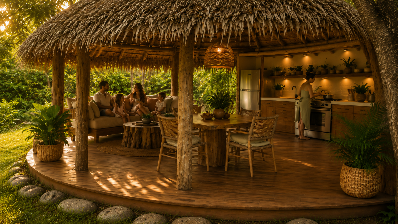 Une famille se détend dans une cabane en bois au style tropical, avec un espace cuisine et une table à manger, entourée de végétation luxuriante.