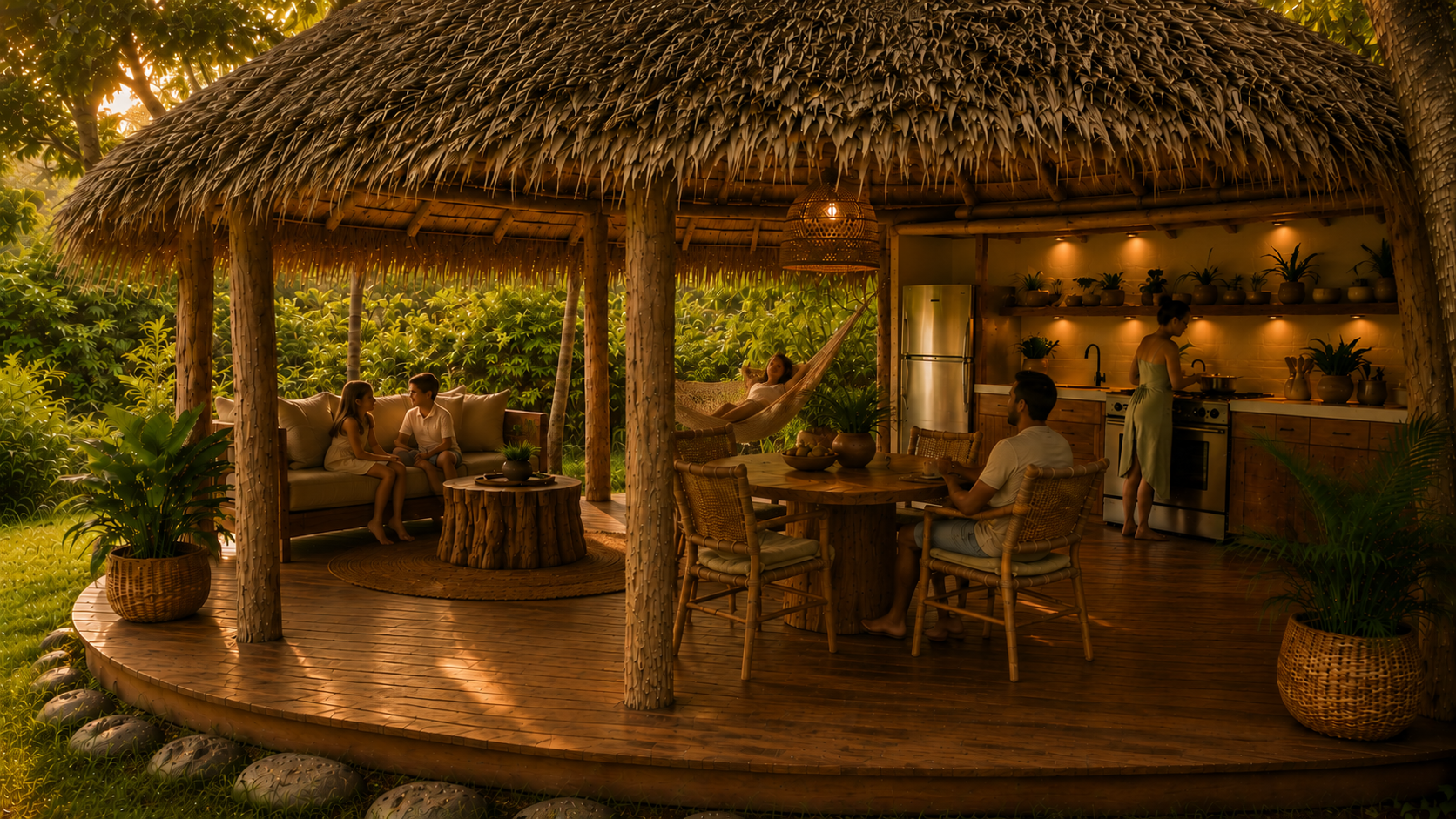 Une famille profitant d'un dîner dans une cabane en bambou avec un toit de feuilles de palmier, entourée de végétation luxuriante en soirée