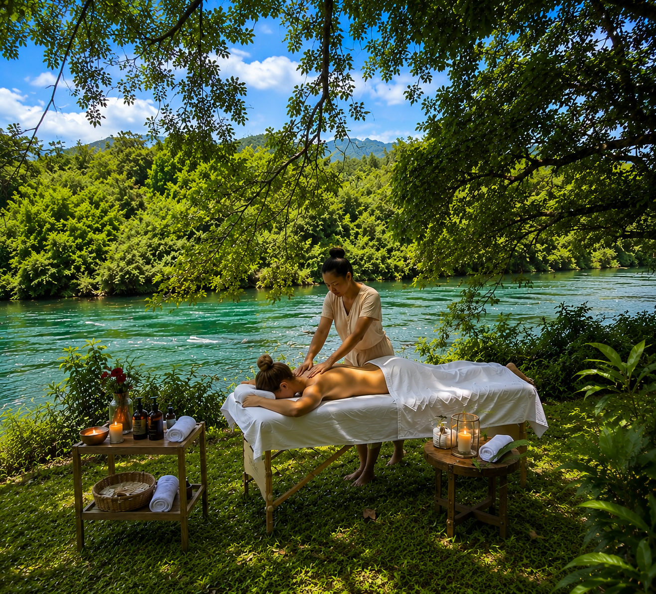 Une femme reçoit un massage dans un environnement naturel près d'une rivière, sous un arbre avec vue sur des collines verdoyantes et un ciel bleu