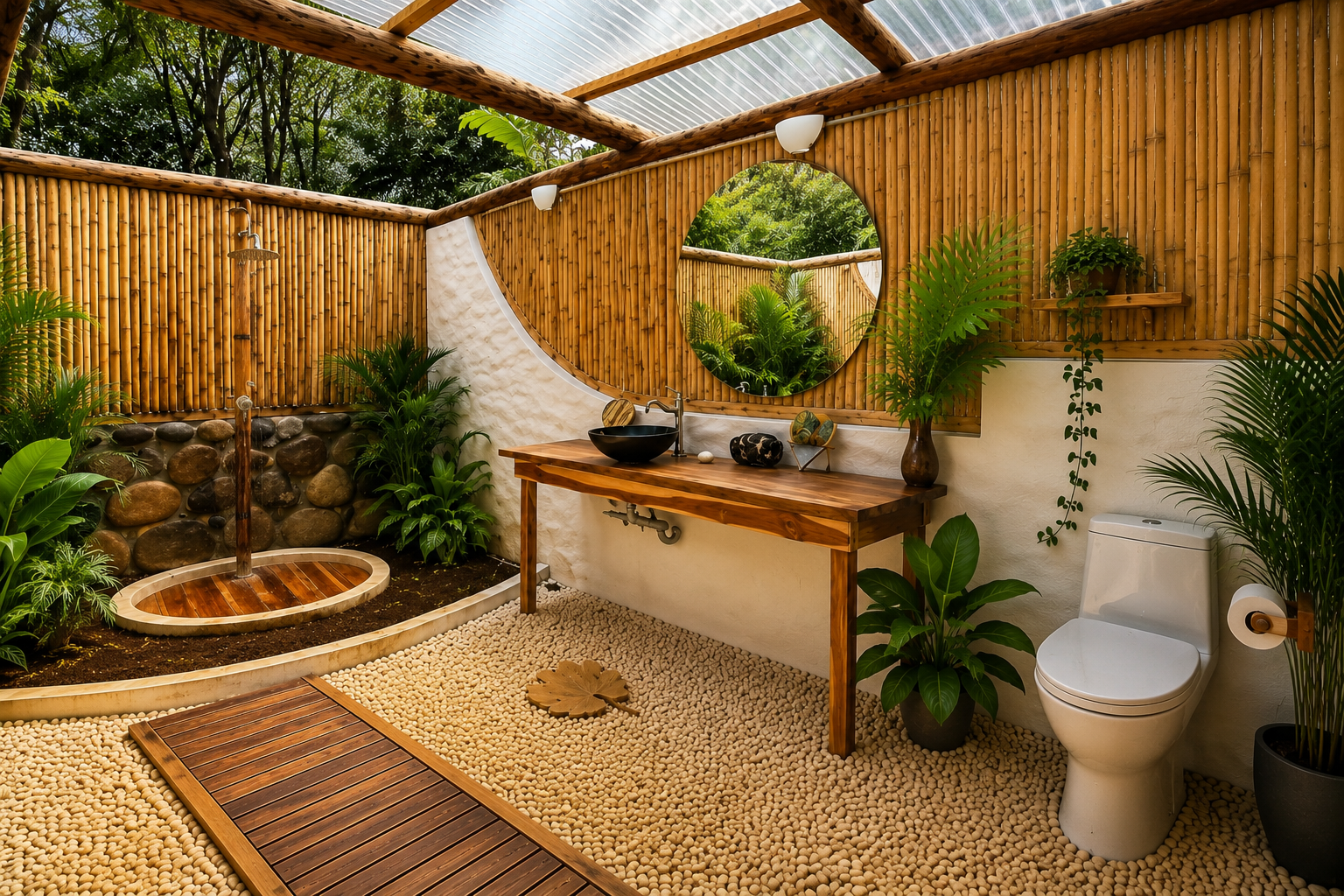 Salle de bain en plein air avec douche, lavabo en bois, miroir rond, plantes vertes, toilettes, décor naturel et toit en plexiglas