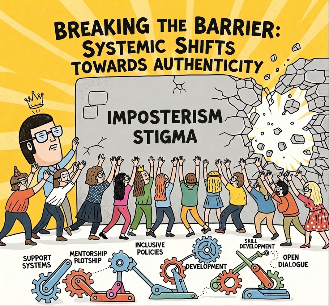 An illustration showing diverse people pushing against a large stone wall with cracks, labeled 'Imposterism Stigma,' as it breaks apart to reveal the title 'Breaking the Barrier: Systemic Shifts Towards Authenticity.' Below the main image are interconnected gears labeled support systems, mentorship/lotship, inclusive policies, development, skill development, and open dialogue.