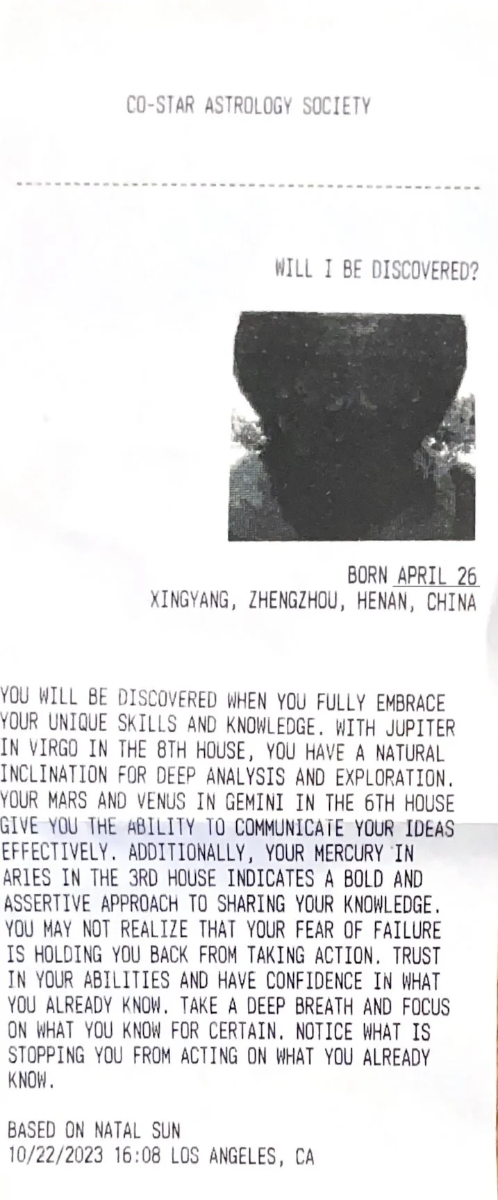 Black and white horoscope-style document from Co-Star Astrology Society, with a black photo of a bowl and celestial symbols, and text about astrological signs and personal discovery, born April 26 in Xingyang, Zhengzhou, Henan, China, dated October 22, 2023.