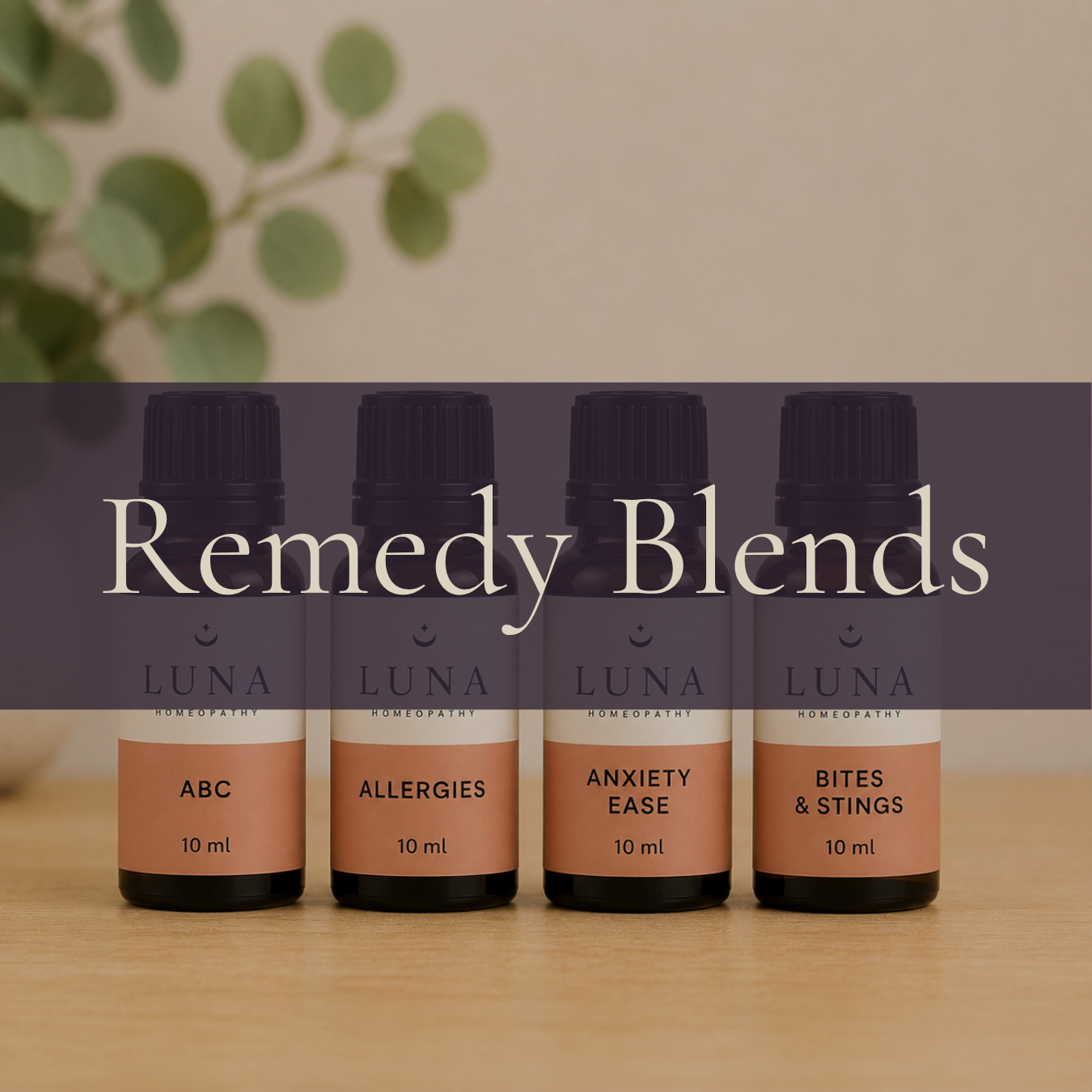 Four bottles of homeopathic remedy blends labeled ABC, Allergies, Anxiety Ease, and Bites & Stings on a wooden surface, with a potted plant in the background and the words "Remedy Blends" overlaid.