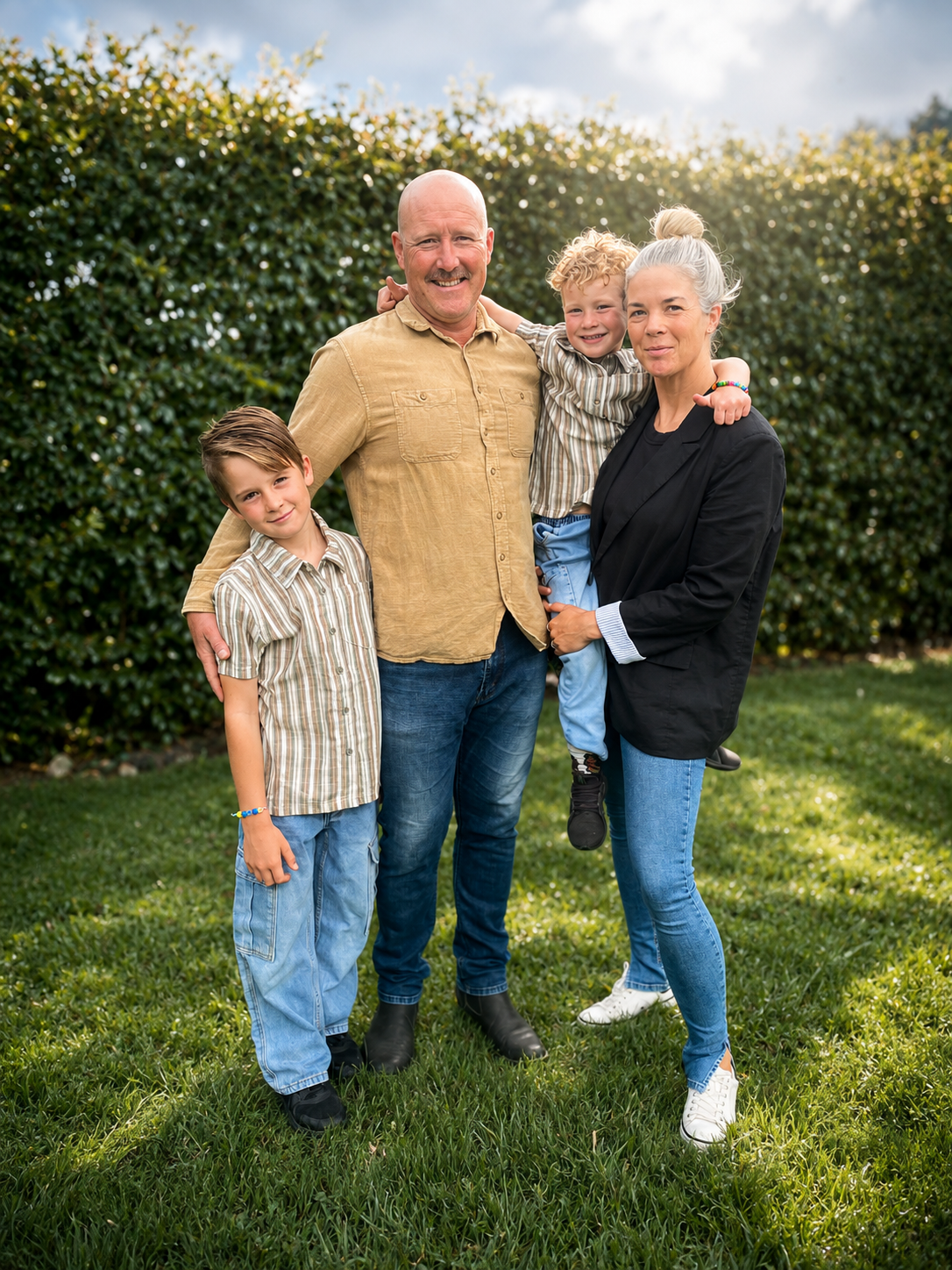 A family of four standing on a grassy lawn with a hedge in the background, smiling and posing for a photo. The family includes two children, a father, and a mother.