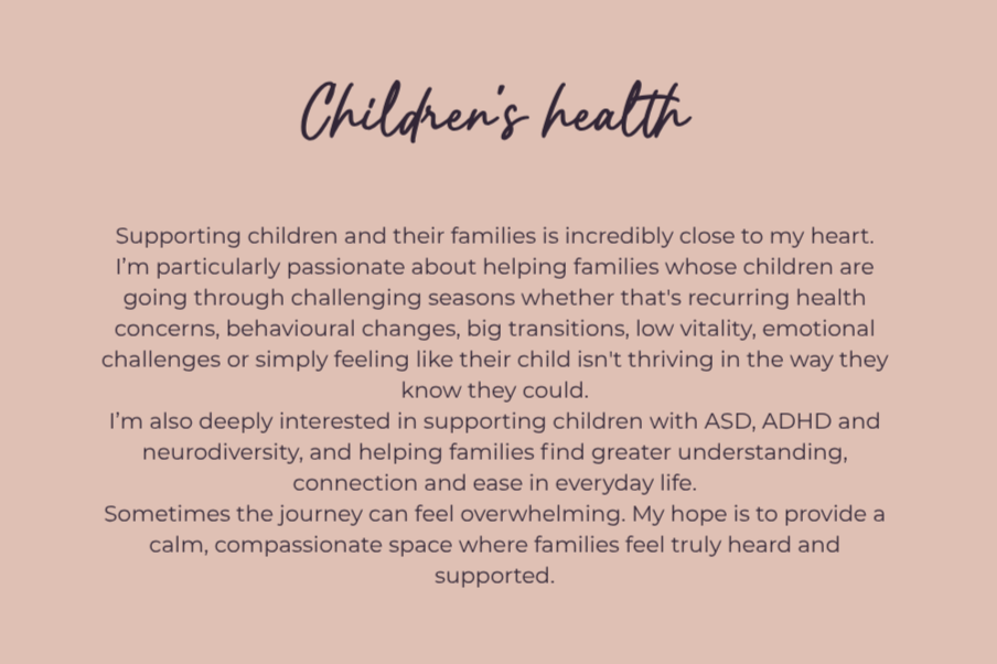 Text about children's health and supporting families, including focus on children with ASD, ADHD, and neurodiversity, emphasizing understanding, connection, and providing a compassionate space.