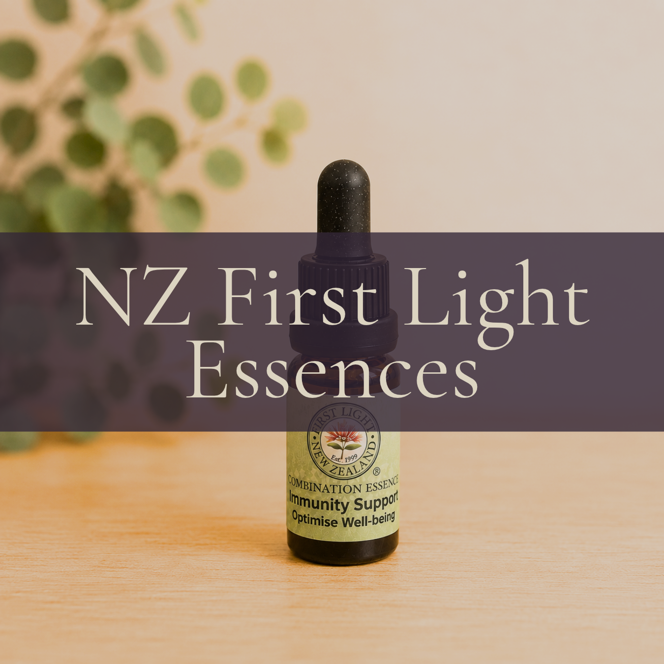 A small bottle of NZ First Light Essences with a black dropper cap, placed on a wooden surface. The label reads 'Combination Essence, Immunity Support, Optimise Well-being.' In the background, there is a partly blurred green plant.