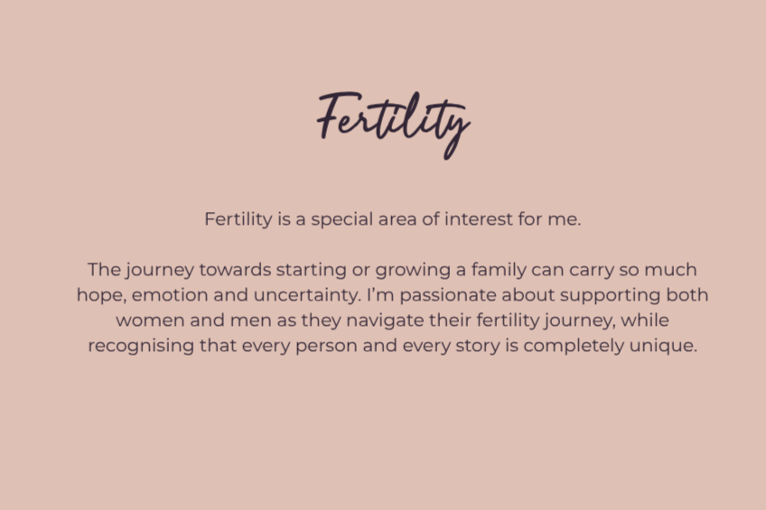 A soft pink background with the word 'Fertility' written in cursive at the top. Below it, there is a paragraph explaining the significance of fertility, expressing support for women and men navigating their fertility journey and recognizing individual stories.