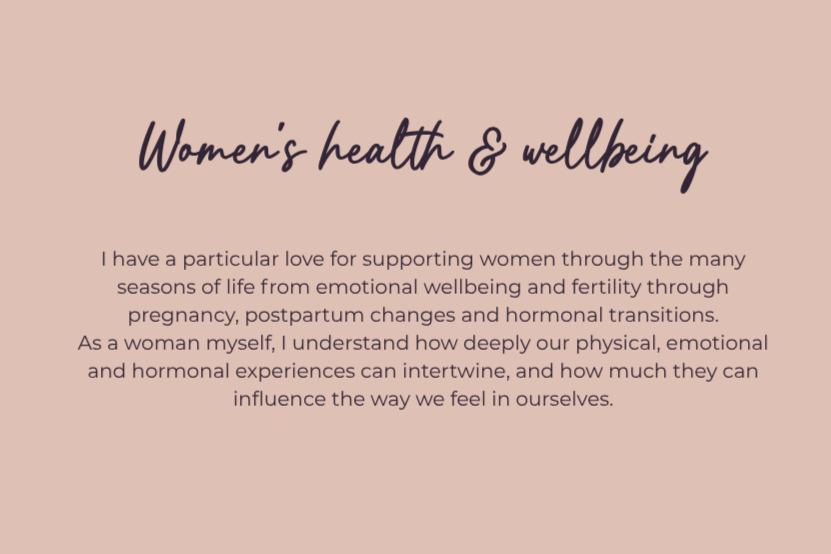 A soft pink background with purple text that reads 'Women's health & wellbeing'. Below, there is a paragraph explaining support for women's emotional and hormonal changes through pregnancy, postpartum, and hormonal transitions.