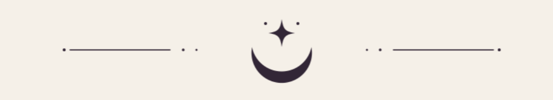 Decorative graphic with a crescent moon, a star, and small dots and lines on a beige background.
