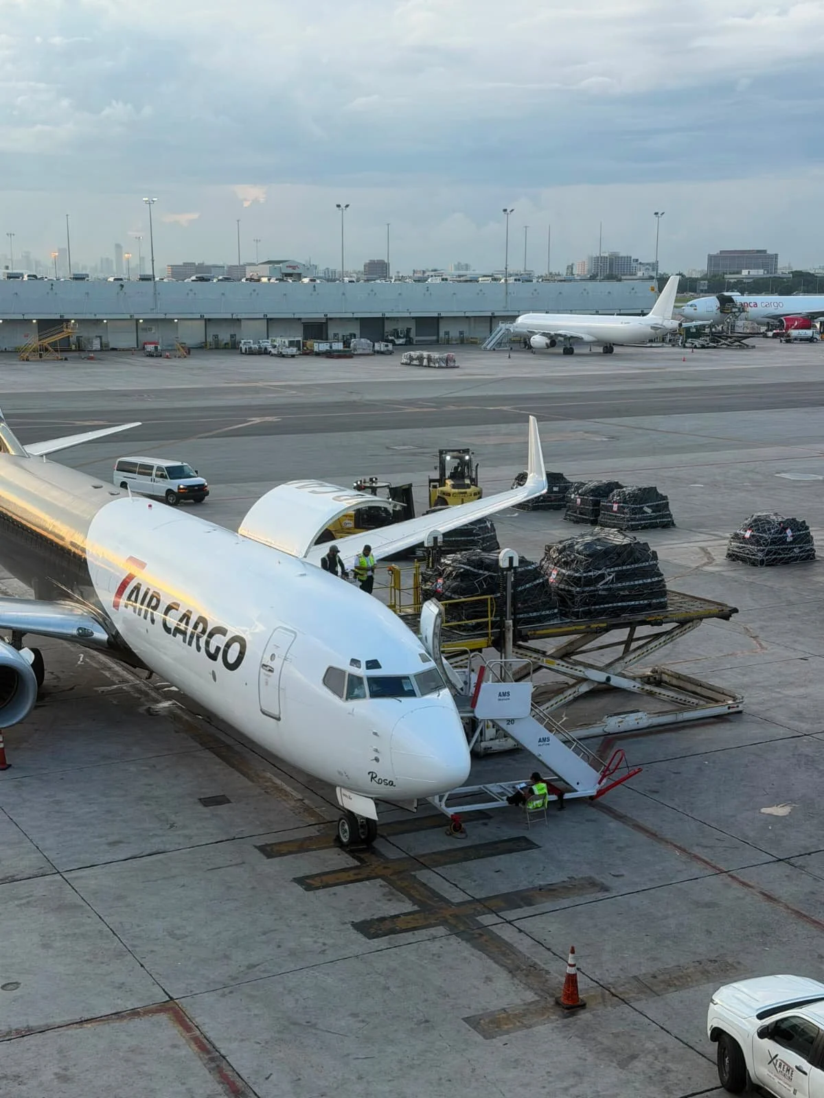An airport tarmac with an Air Cargo airplane being loaded with cargo pallets, a baggage cart, and ground crew working near the airplane. In the background, there are parked airplanes, airport buildings, and city skyline.