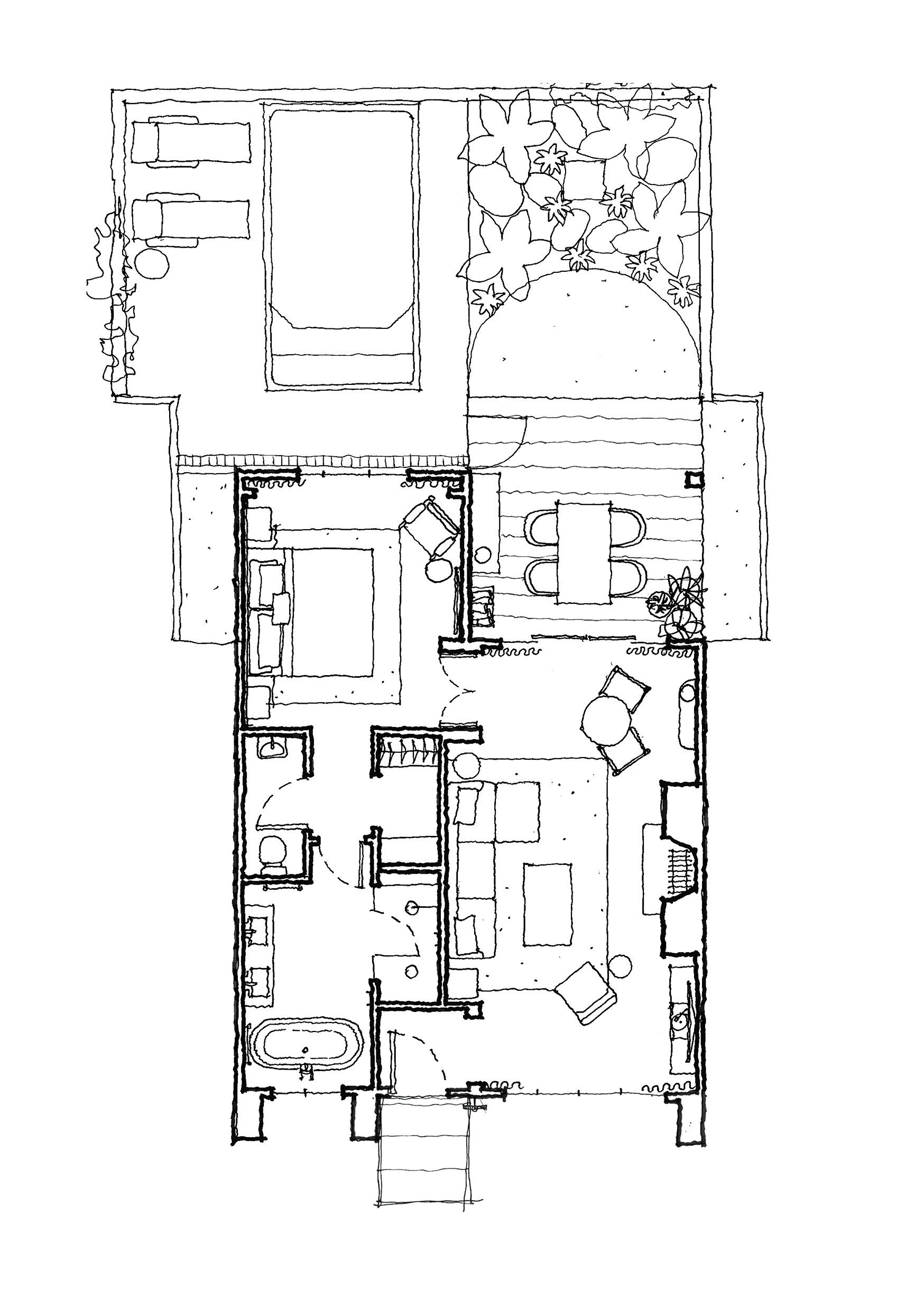 Architectural floor plan of The Grand Saddles Lodge at Mount White showing rooms and interior details.
