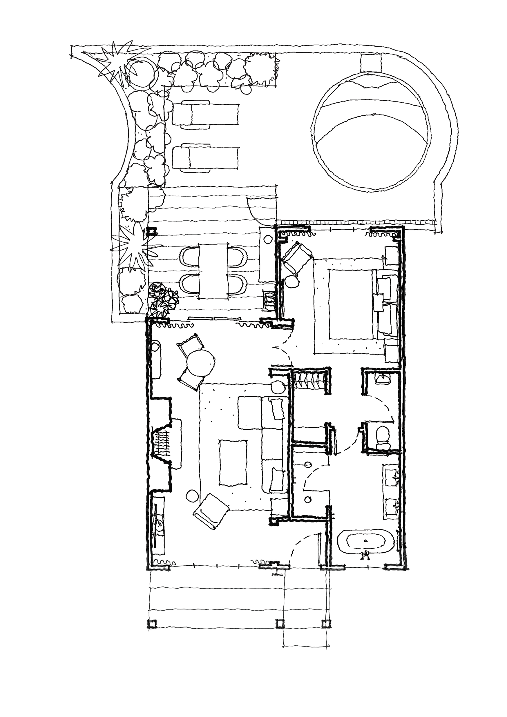 Architectural floor plan of The Grand Saddles Lodge at Mount White with multiple rooms, including a large circular area, bedrooms, bathrooms, and living spaces, depicted in white lines on a black background.