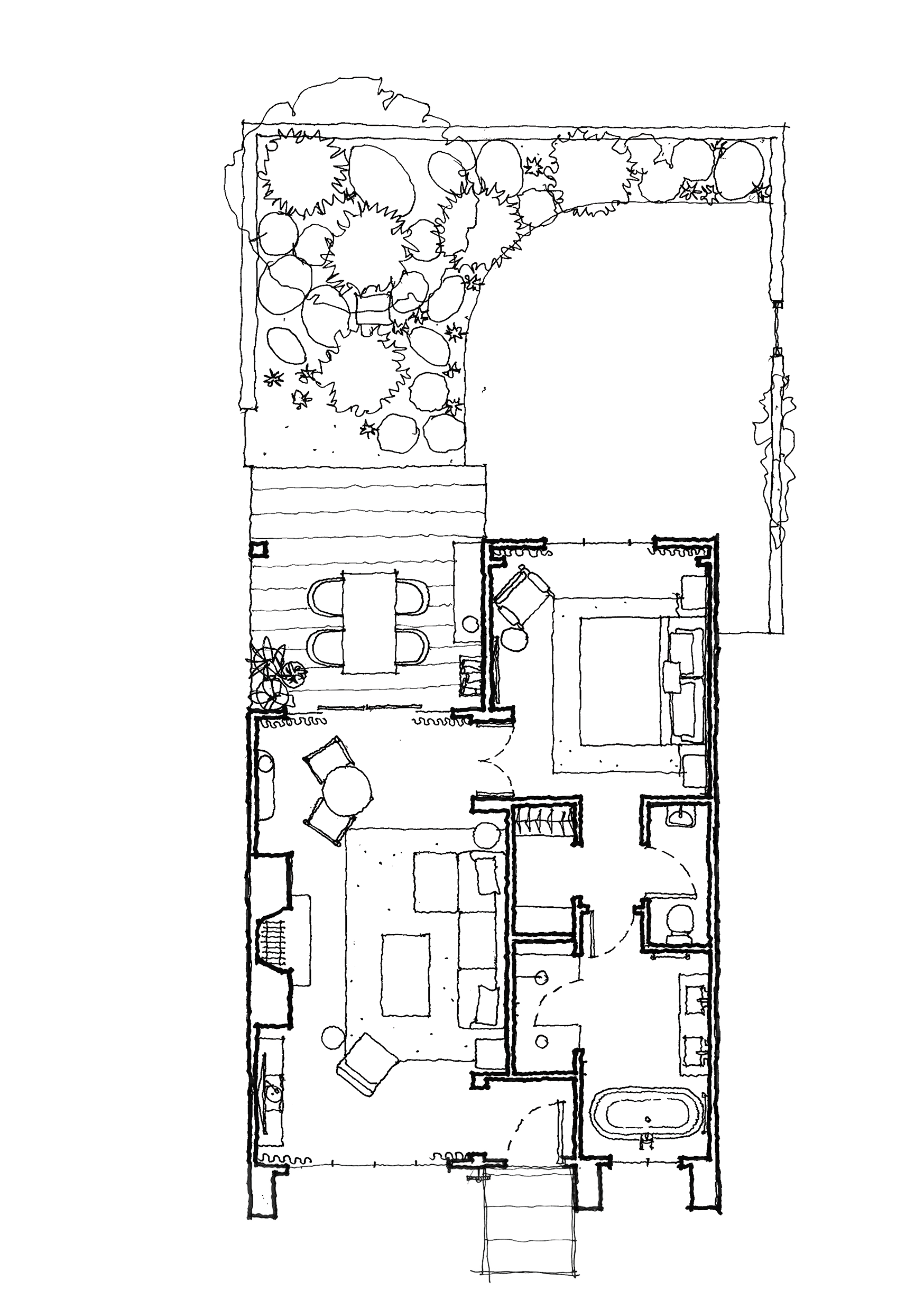 Architectural floor plan of The Grand Saddles Lodge at Mount White including various rooms, hallways, and structural elements, drawn in white lines on a black background.
