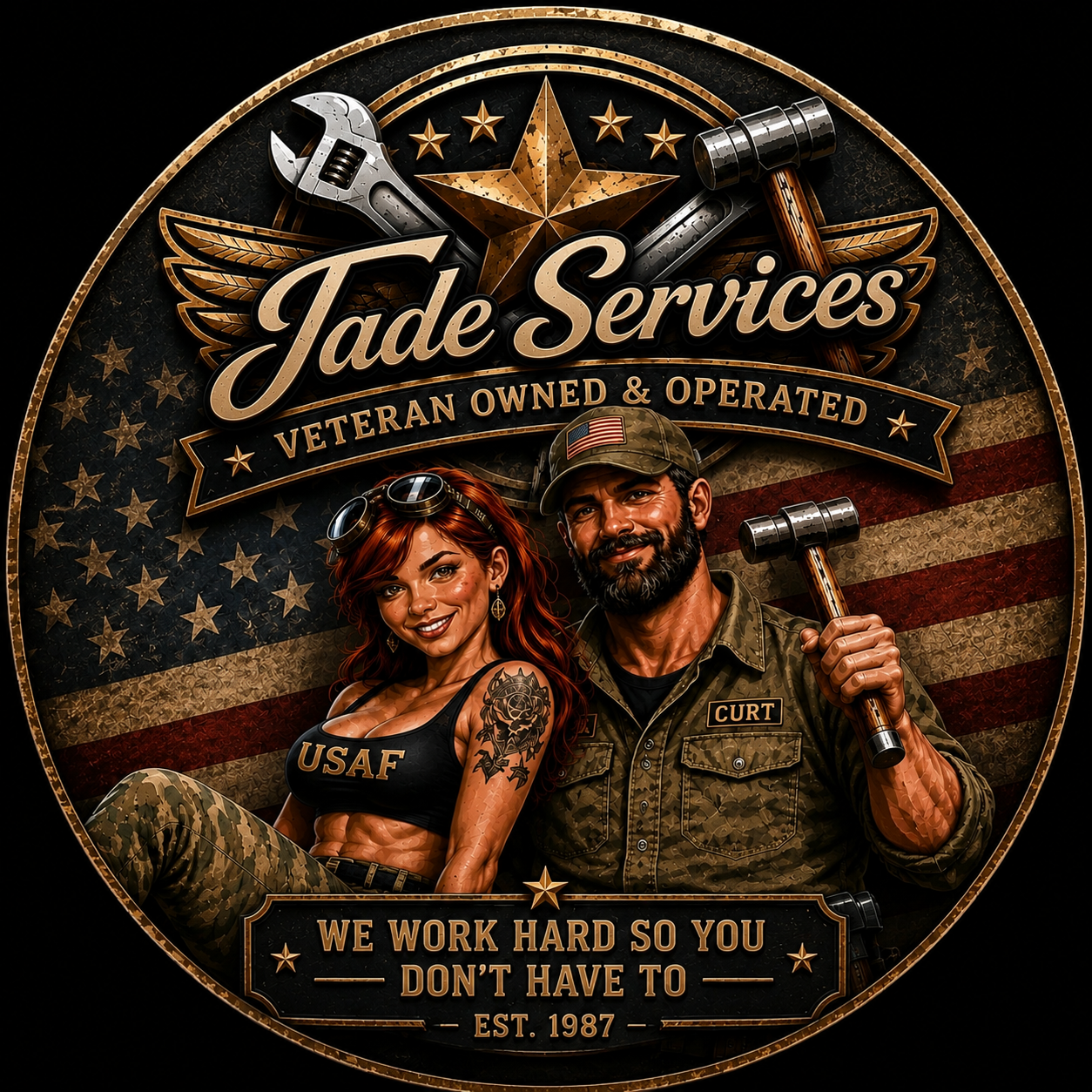Logo for Jade Services, a veteran-owned and operated business, featuring a man in military uniform and a woman in tactical attire, with American flag in background, industrial tools, and a message about hard work.