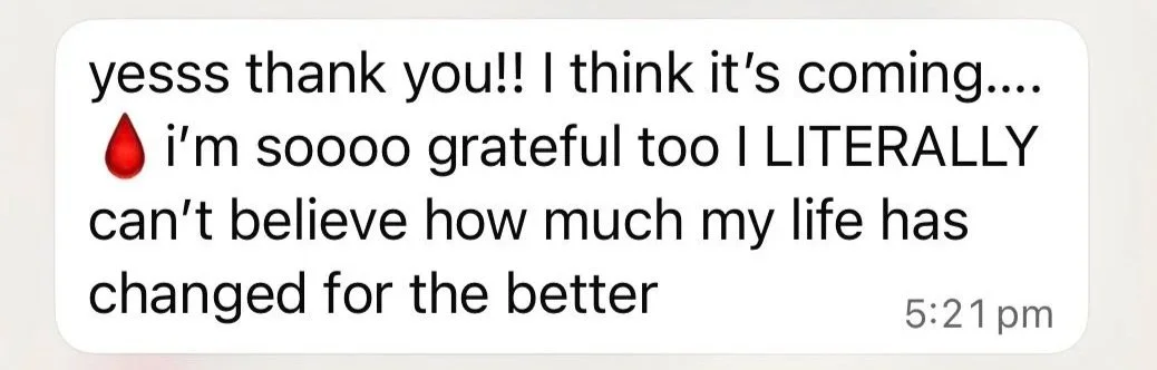 A text message expressing gratitude and excitement about something arriving soon, with a red drop emoji included.
