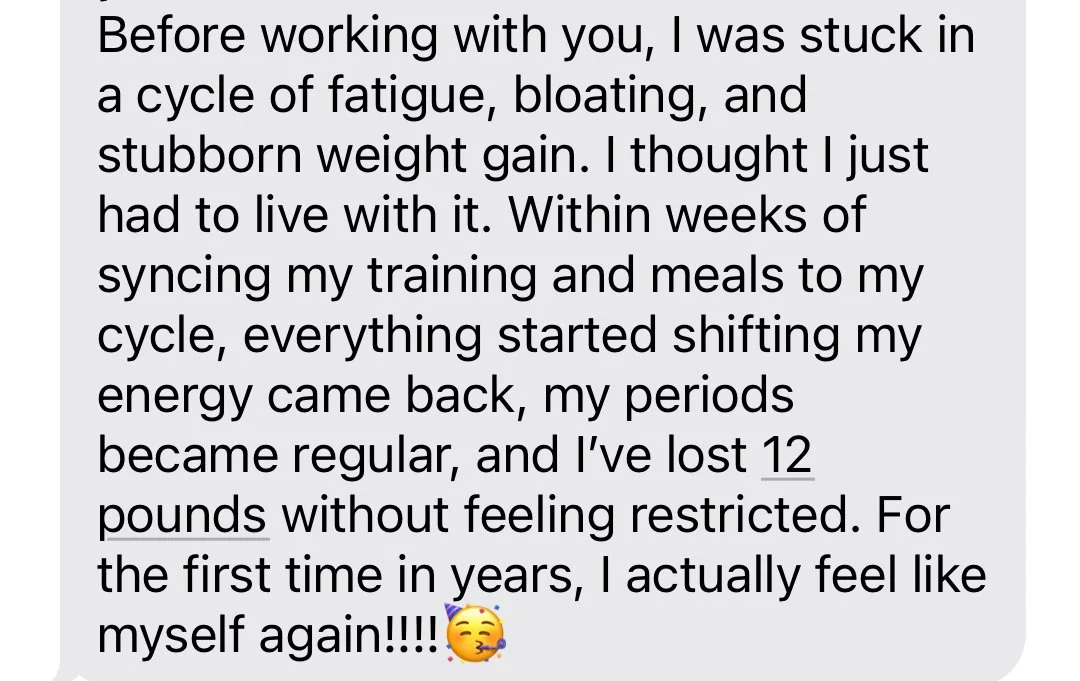 Text sharing a positive experience with weight loss and increased energy, mentioning losing 12 pounds without feeling restricted.