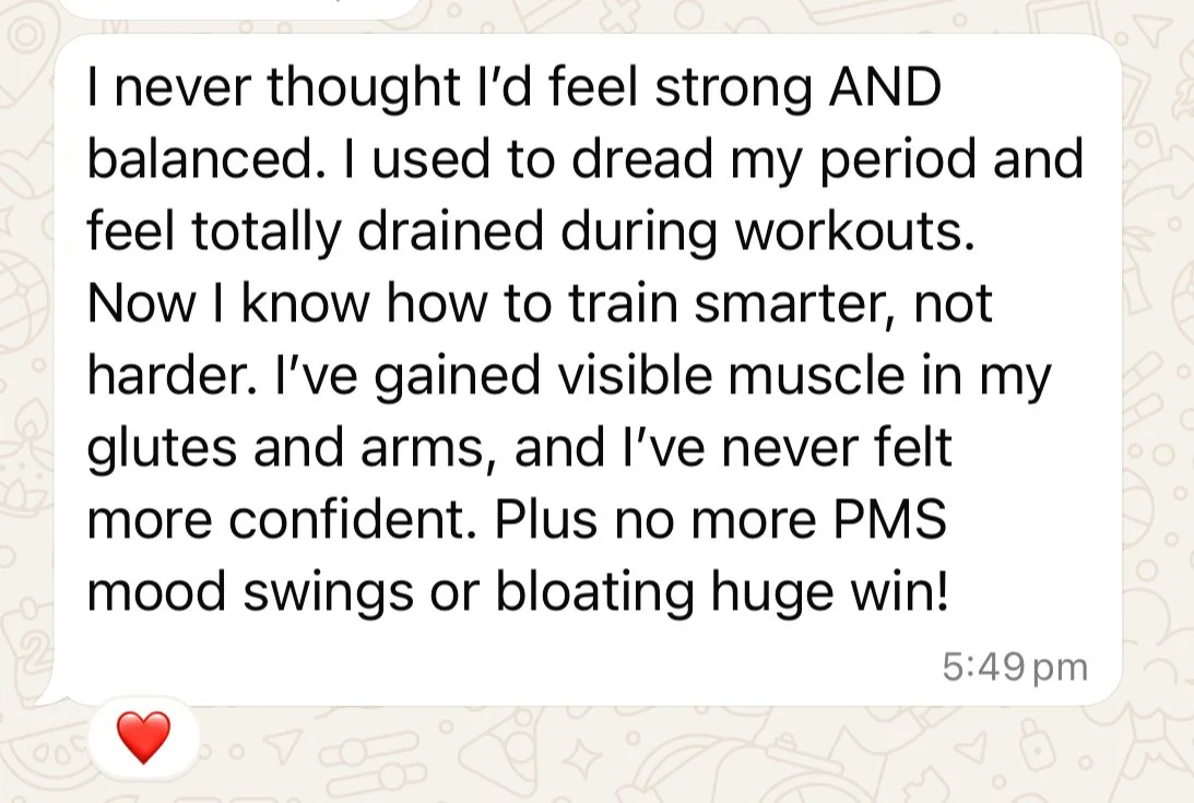 Screenshot of a text message expressing positive feelings about body strength, muscle gain, and improved mood, with a red heart emoji at the bottom.