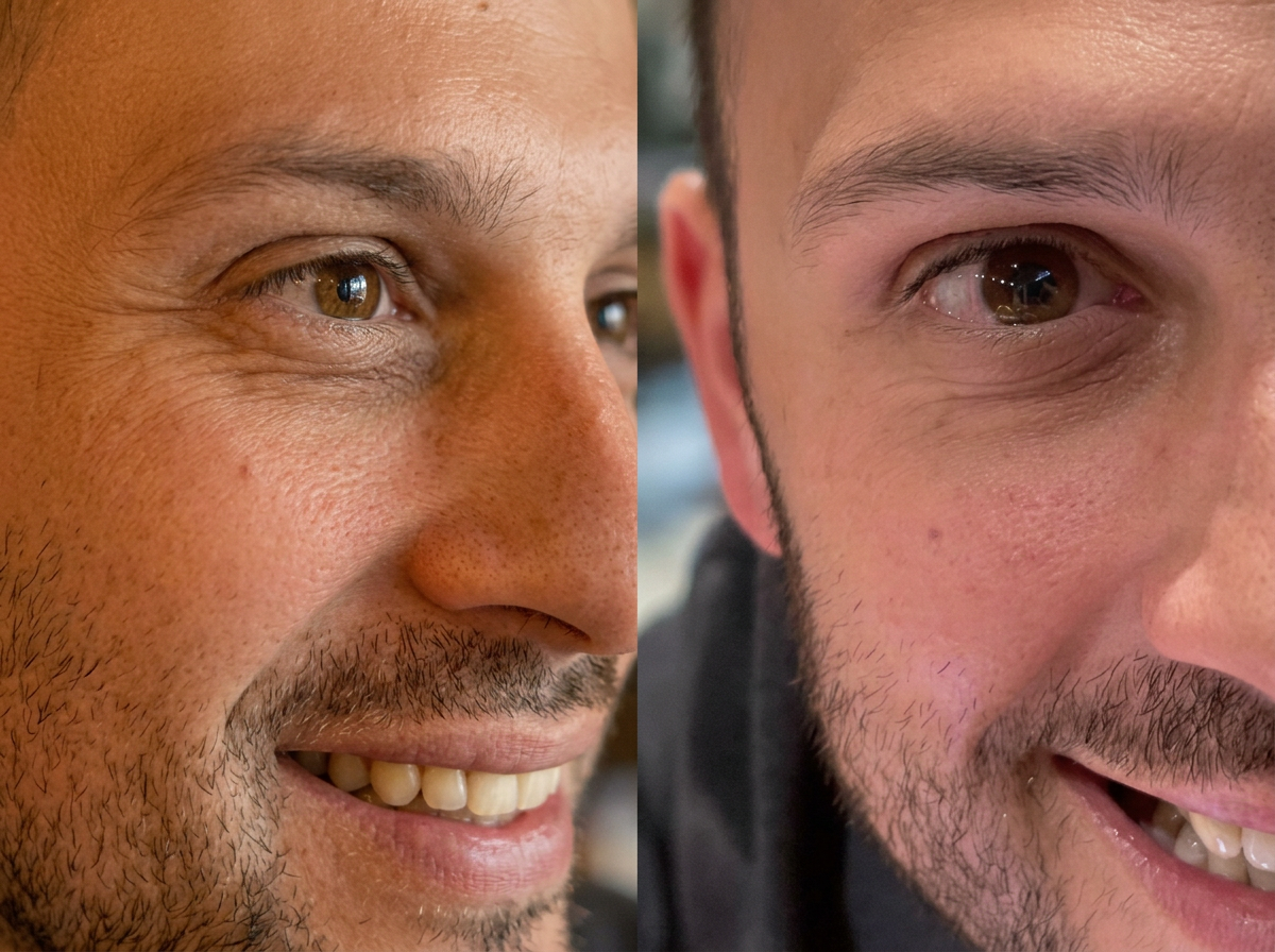 Side-by-side close-up of two men's faces. The man on the left has a darker skin tone, brown eyes, short facial hair, and is smiling. The man on the right has a lighter skin tone, brown eyes, short facial hair, and is smiling.