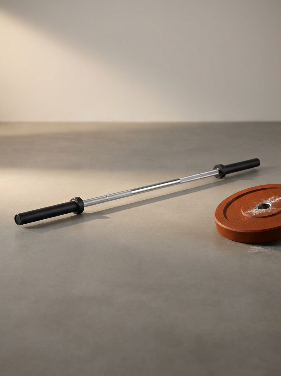 A barbell lying on a flat surface next to a weight plate with some chalk dust on it.