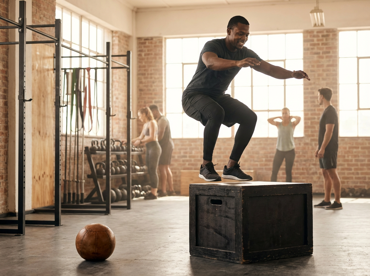 A man jumping onto a black plyometric box during a workout in a gym.