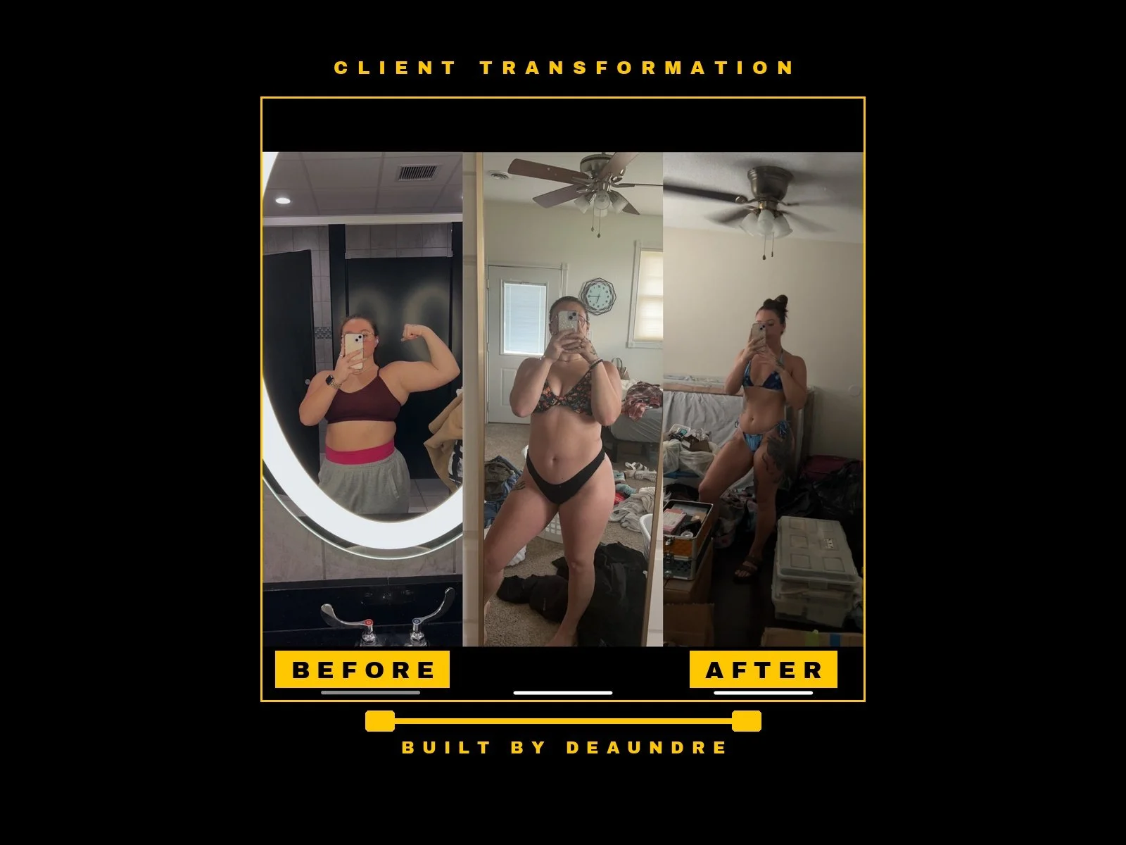 Before and after photos of a woman showing weight loss transformation. The left side shows her with a heavier physique wearing a sports bra and shorts, taking a mirror selfie in a bathroom. The right side shows her with a slimmer physique wearing a bikini, taking a mirror selfie in a bedroom with cluttered background.