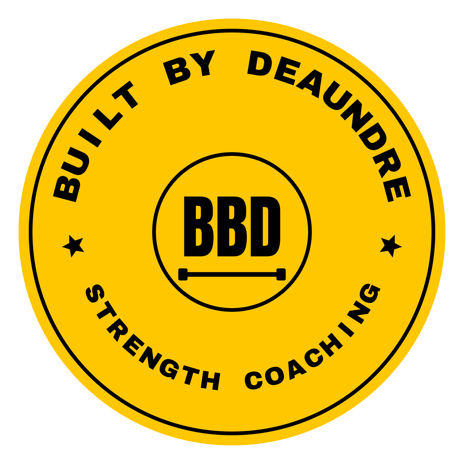 Yellow circular badge with the words 'Built by Deaf and Dumb Strength Coaching' around the perimeter, and 'BBD' in the center with a barbell icon underneath.