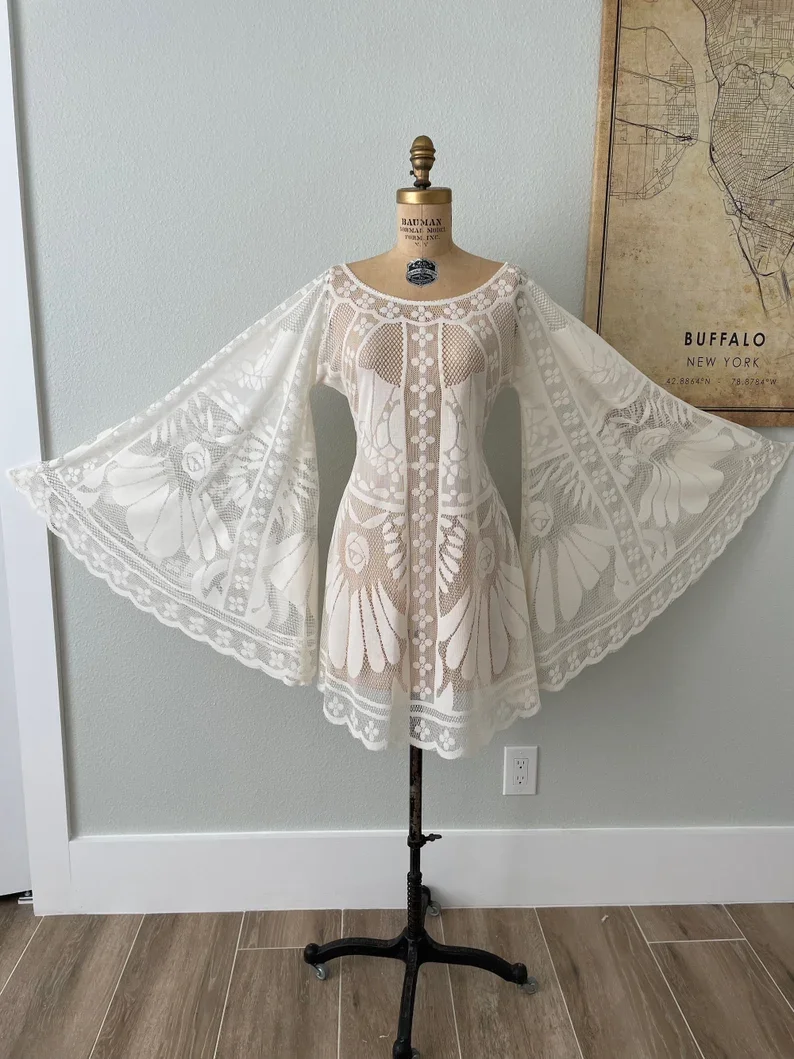 Short Boho Wedding Dress with Dramatic Flare Sleeves for Casual Elopements