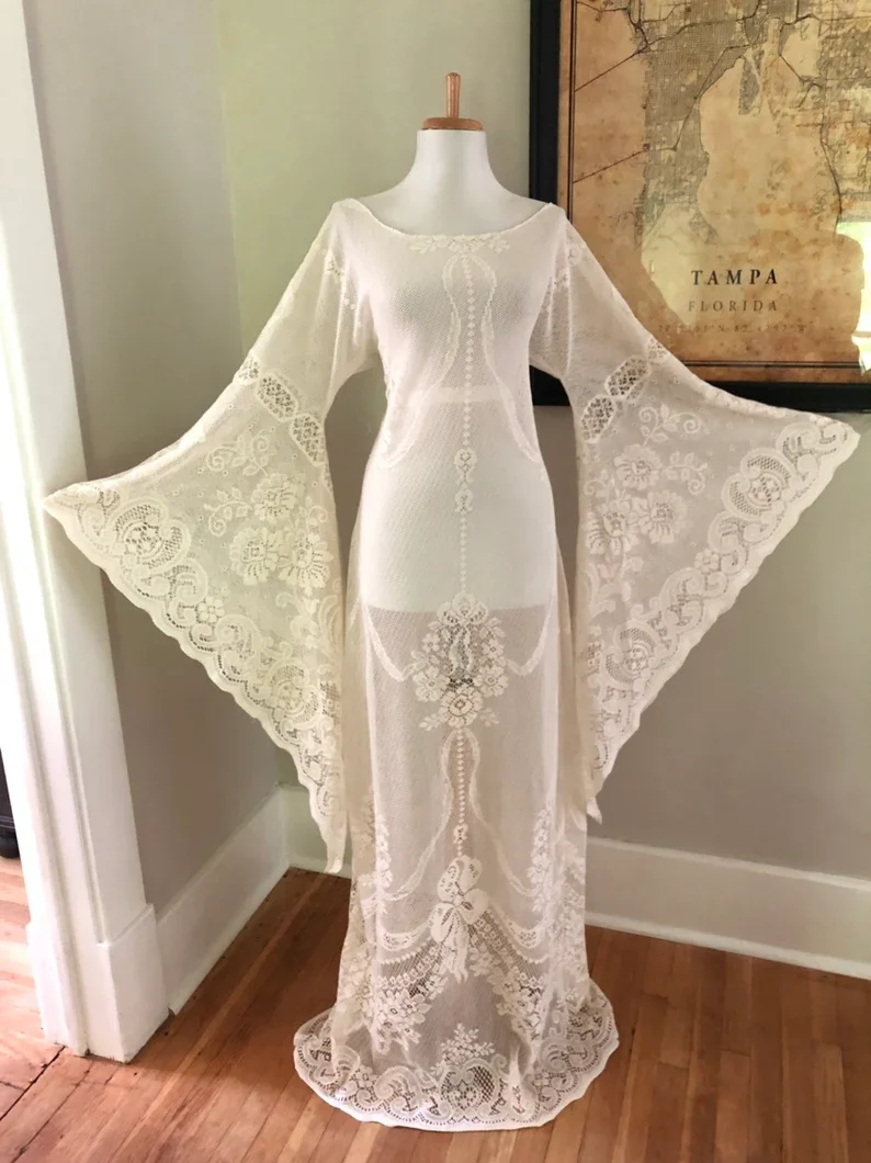Vintage Cream Lace Wedding Dress: Sheer Boho Angel Sleeve Gown