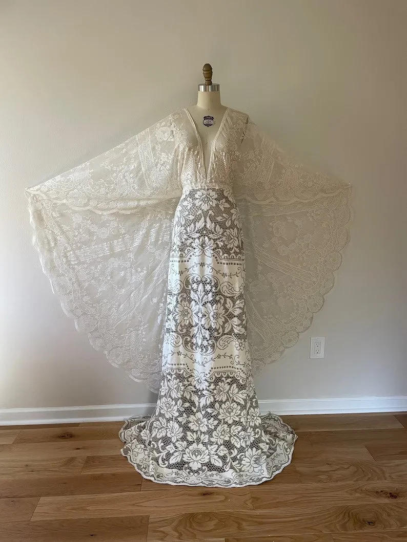 Vintage Lace Wedding Dress: Two-Tone Boho Bell Sleeve Gown