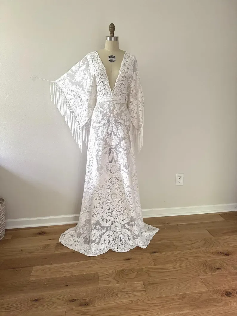 Boho Fringe Wedding Dress: Vintage Lace Bridal Gown, Adjustable S-XL
