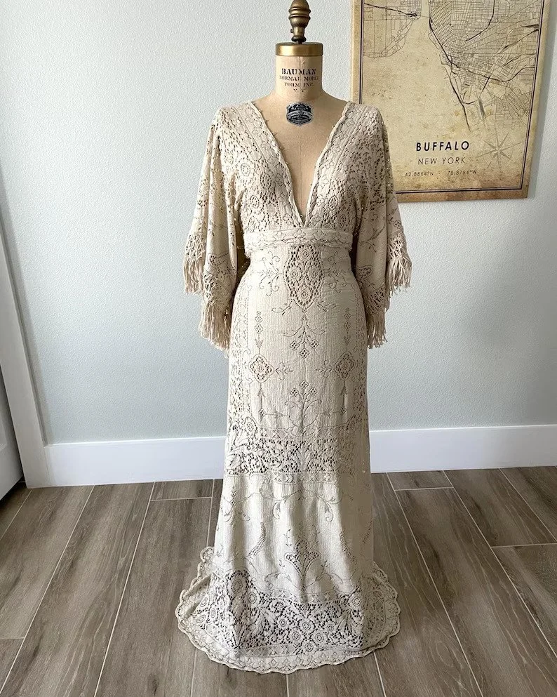 Champagne Vintage Lace Wedding Dress: Maxi length, Bell Sleeves with Fringe, Deep V-Neck