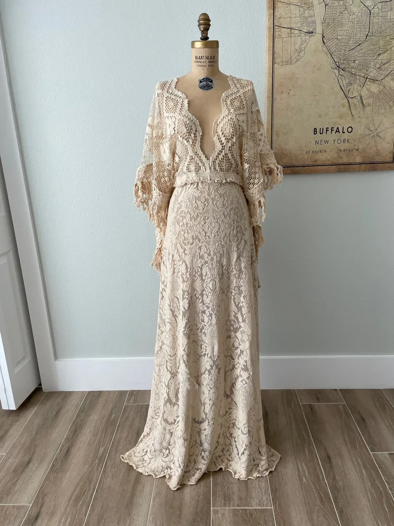 Vintage Lace Wedding Dress, Fringe Bell Sleeve Western Bridal Gown