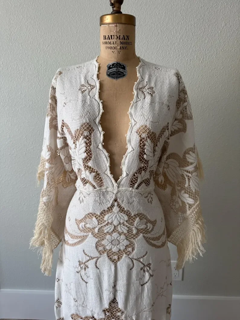 Western Wedding Dress with Fringe, Bell Sleeves, Vintage White & Brown Lace