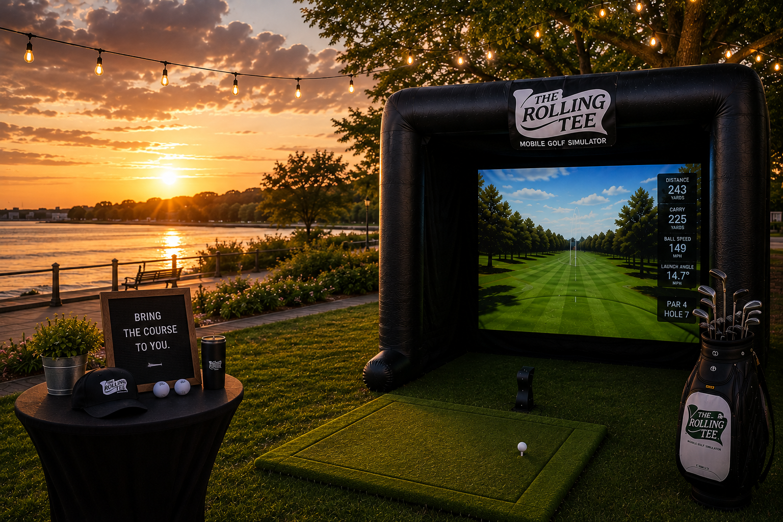 A golf simulator setup with a screen displaying a golf course, surrounded by string lights, near a lake at sunset. There is a small table with a sign reading 'Bring the course to you,' golf balls, a hat, and a tumbler next to it, along with a golf bag filled with clubs.