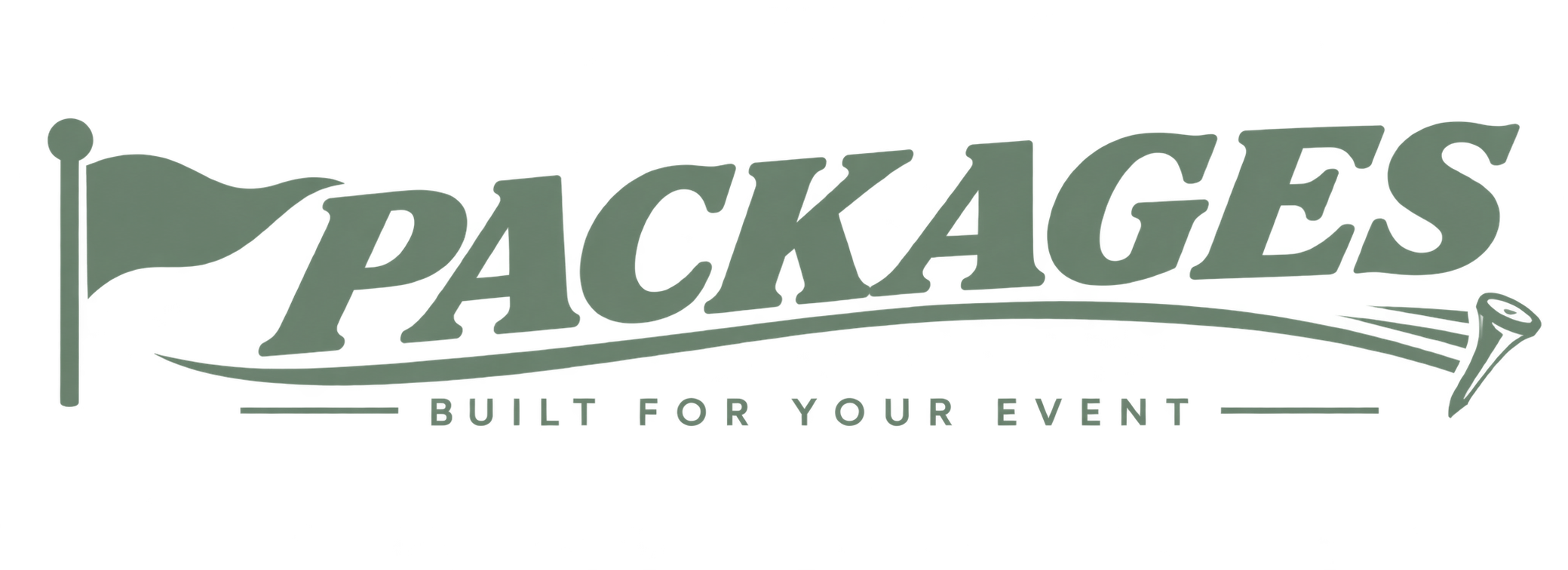 A logo for Packages built for your event with a stylized green and gray color scheme and a flag on the left side.