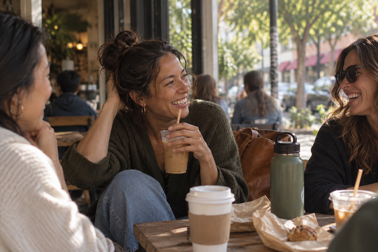 Three women sitting at a wooden table in a cafe, smiling and talking, with drinks and food on the table, and outdoor greenery visible through the large windows.