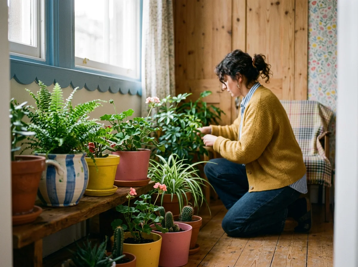 Woman with brown hair and yellow sweater kneels at houseplants