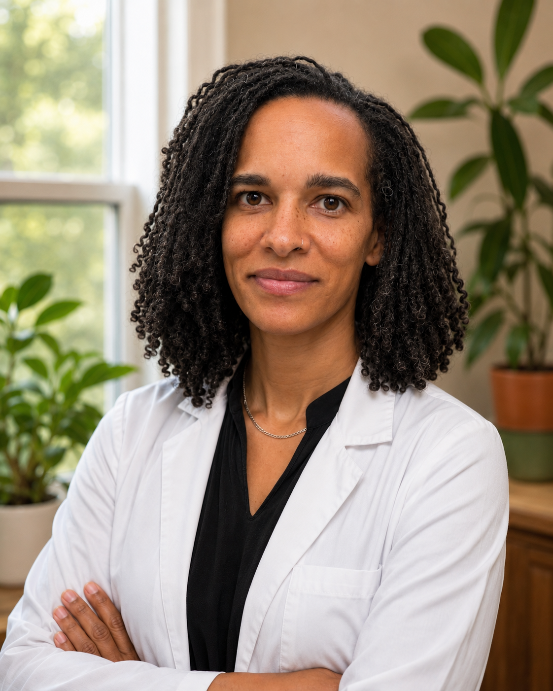 Kailia Wray, CNM is wearing a white medical coat and black shirt, standing with her arms crossed in a room with potted plants and a window in the background.