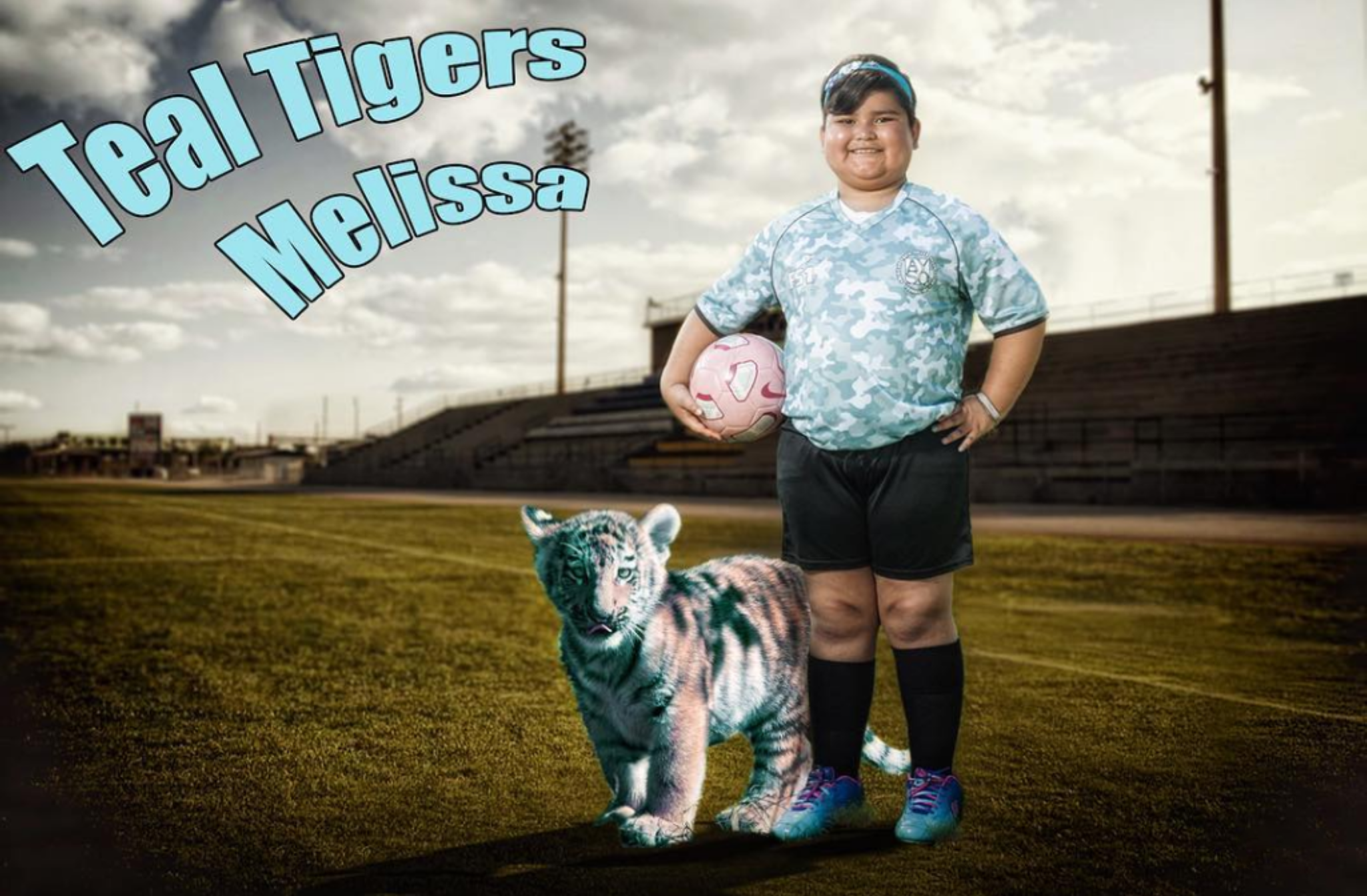 A young person smiling and standing on a football field during a cloudy day, holding a football. They are wearing a light blue camouflage sports jersey, a headband, and sneakers. In front of them is a small tiger cub sitting on the grass. The person has a dark hair and dark skin. Text in the image reads 'Teal Tigers Melissa' in large blue letters.