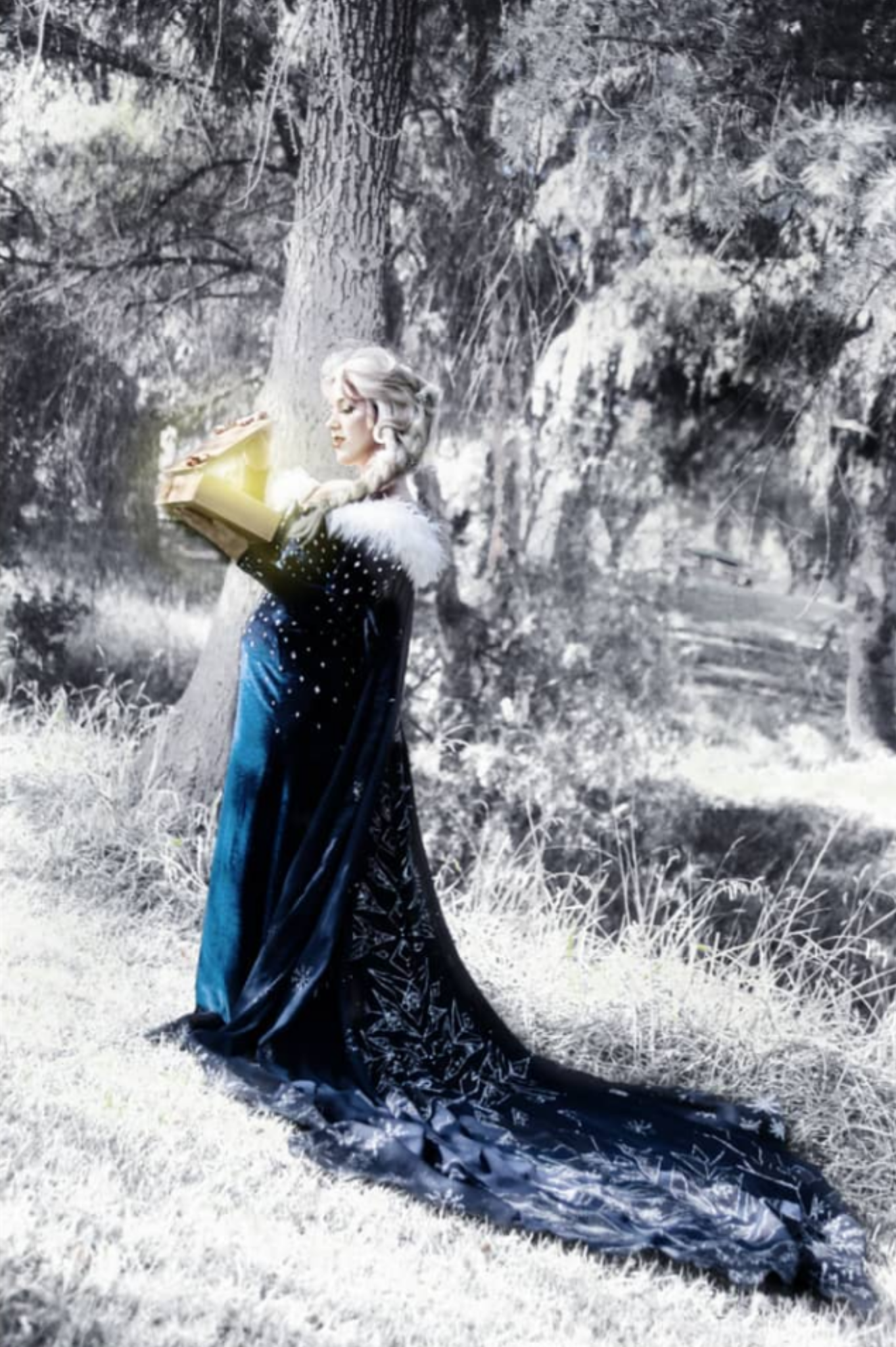 Elsa from Frozen, holding a glowing book in a snowy forest with large trees and rocks in the background.