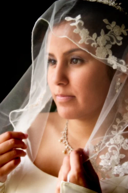 Bride wearing a lace veil with floral embroidery, holding the veil near her face, looking contemplative.