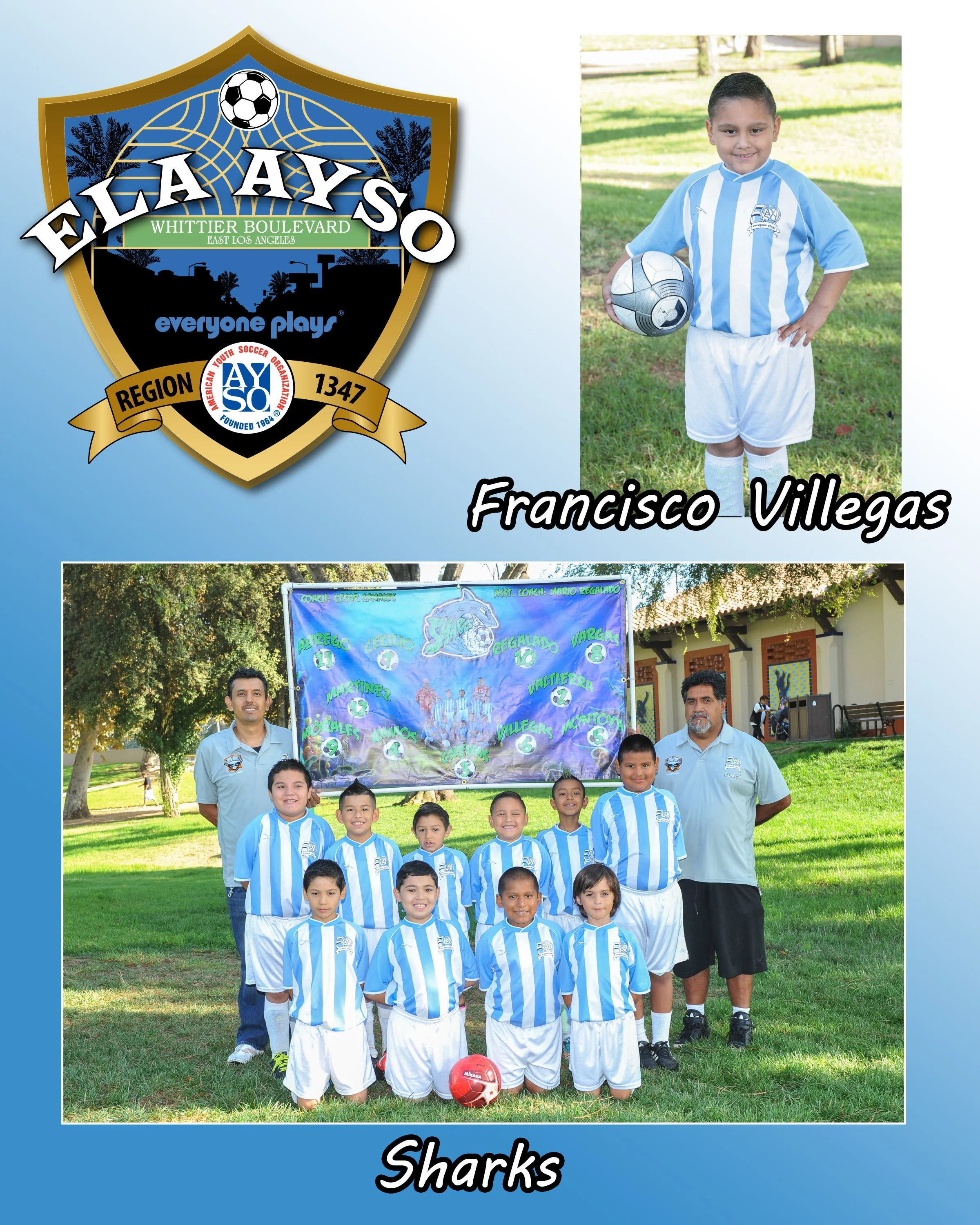 Group of children and adults in soccer uniforms posing in a park with a colorful banner behind them. The children in the front row are kneeling, and the adults and children in the back are standing. All are smiling, and a red soccer ball is on the ground in front of them.